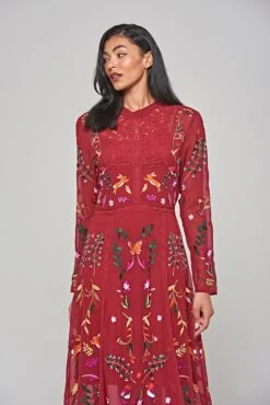 Farley Burgundy Woodland Embroidered Maxi Dress -Frock And Frill US Farley Burgundy Woodland Embroidered Maxi Dress 5