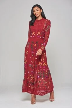 Farley Burgundy Woodland Embroidered Maxi Dress -Frock And Frill US Farley Burgundy Woodland Embroidered Maxi Dress 7