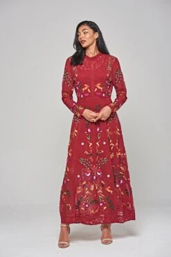 Farley Burgundy Woodland Embroidered Maxi Dress -Frock And Frill US Farley Burgundy Woodland Embroidered Maxi Dress 8