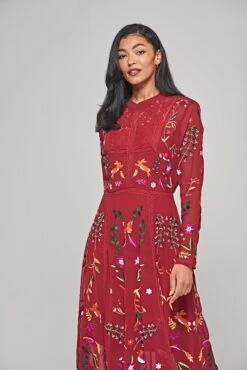 Farley Burgundy Woodland Embroidered Maxi Dress