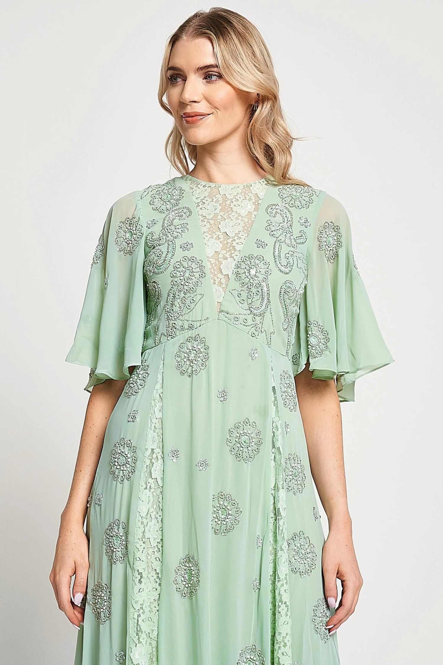Fern Light Green Embellished Maxi Dress With Lace Panels - Image 3