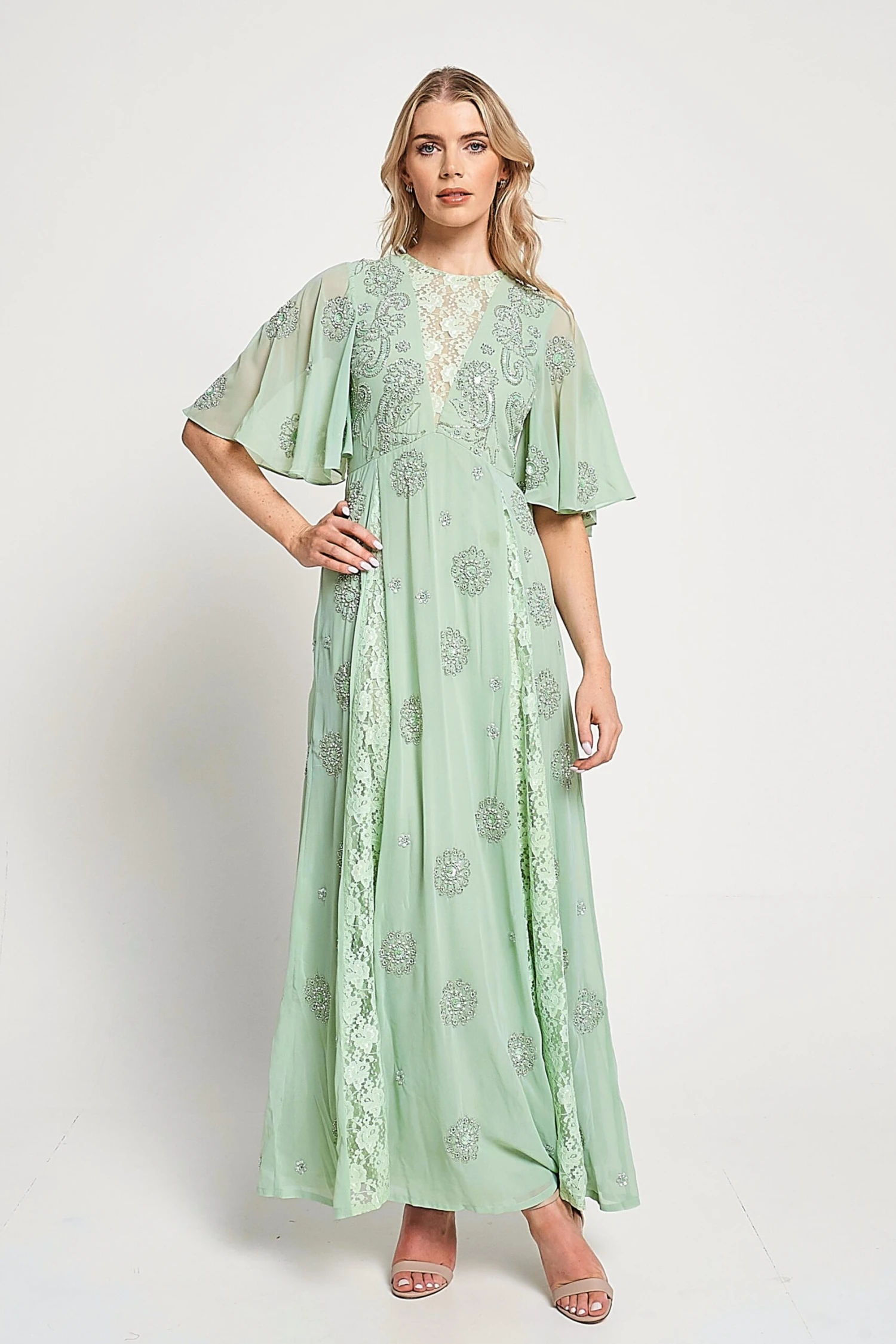 Fern Light Green Embellished Maxi Dress With Lace Panels