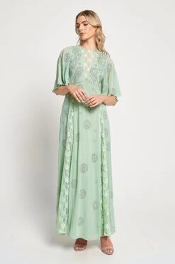 Fern Light Green Embellished Maxi Dress With Lace Panels -Frock And Frill US Fern Light Green Embellished Maxi Dress . 4