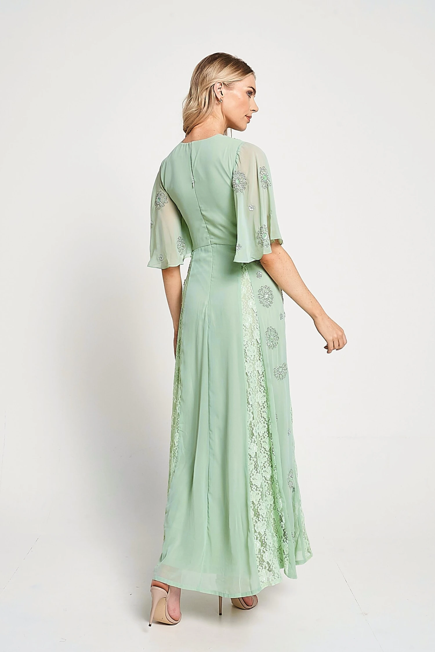 Fern Light Green Embellished Maxi Dress With Lace Panels - Image 5