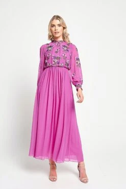 Freya Pink Floral Embroidered Midaxi Dress -Frock And Frill US Freya Pink Floral Embroidered Midaxi Dress 3
