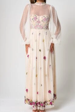 Gaia Champagne Floral Embroidered Maxi Dress -Frock And Frill US Gaia Champagne Floral Embroidered Maxi Dress 1