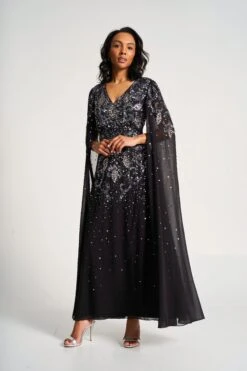 Henrietta Black Embellished Cape Sleeve Maxi Dress -Frock And Frill US Henrietta Black Embellished Maxi Dress 11
