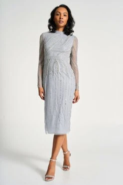 Hermia Grey Embellished Midi Dress