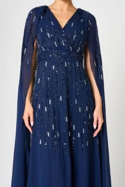 Ida Navy Embellished Maxi Dress With Cape Sleeves -Frock And Frill US Ida Navy Embellished Cape Maxi Dress 1