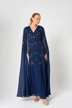 Ida Navy Embellished Maxi Dress With Cape Sleeves -Frock And Frill US Ida Navy Embellished Cape Maxi Dress 7