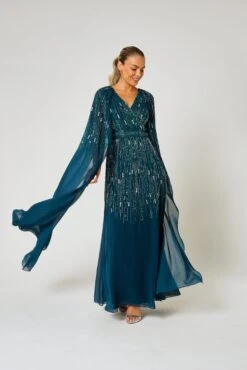 Ida Storm Green Embellished Maxi Dress With Cape Sleeves -Frock And Frill US Ida Storm Green Embellished Cape Maxi Dress 5