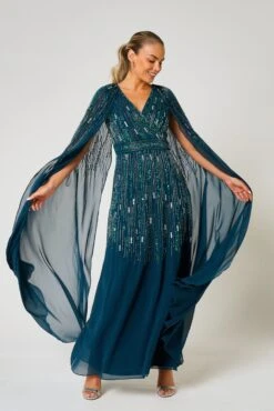 Ida Storm Green Embellished Maxi Dress With Cape Sleeves