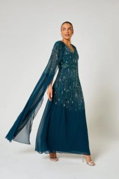 Ida Storm Green Embellished Maxi Dress With Cape Sleeves -Frock And Frill US Ida Storm Green Embellished Cape Maxi Dress 7