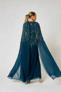 Ida Storm Green Embellished Maxi Dress With Cape Sleeves -Frock And Frill US Ida Storm Green Embellished Cape Maxi Dress 9