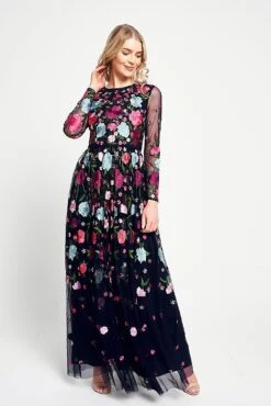 Iris Navy Floral Embroidered Maxi Dress -Frock And Frill US Iris Navy Floral Embroidered Maxi Dress 3