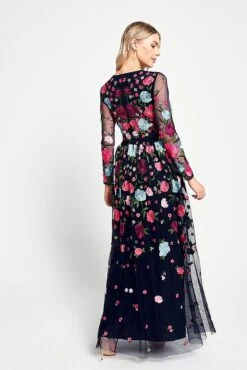 Iris Navy Floral Embroidered Maxi Dress -Frock And Frill US Iris Navy Floral Embroidered Maxi Dress 5