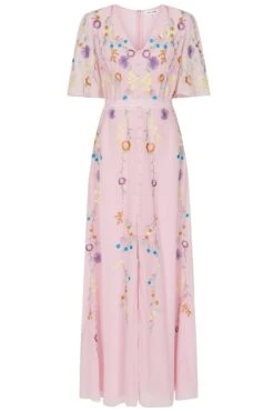 Irisa Pink Embroidered Button Through Maxi Dress