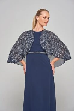 Jacqueline Navy Embellished Cape Sleeve Maxi Dress