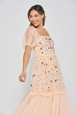 Jalin Almond Floral Embellished Square Neck Midi Dress