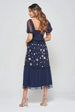 Jalin Navy Floral Embellished Square Neck Midi Dress -Frock And Frill US Jalin Navy Sequin Midi Dress 1