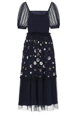 Jalin Navy Floral Embellished Square Neck Midi Dress -Frock And Frill US Jalin Navy Sequin Midi Dress 4
