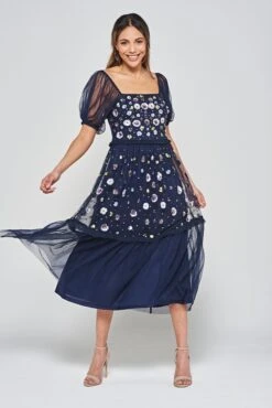 Jalin Navy Floral Embellished Square Neck Midi Dress -Frock And Frill US Jalin Navy Sequin Midi Dress 6