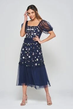 Jalin Navy Floral Embellished Square Neck Midi Dress