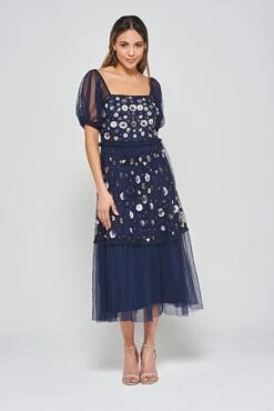 Jalin Navy Floral Embellished Square Neck Midi Dress -Frock And Frill US Jalin Navy Sequin Midi Dress 8