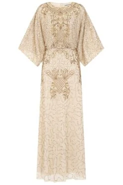 Judith Cream Embellished Maxi Dress With Batwing Sleeves