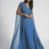 Laelia Blue Flower Embellished Maxi Dress With Cape Sleeves