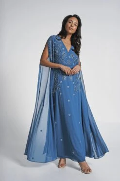 Laelia Blue Flower Embellished Maxi Dress With Cape Sleeves