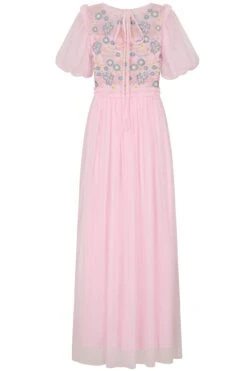 Laraline Blush Puff Sleeve Maxi Dress With Floral Embroidery -Frock And Frill US Laraline Blush Floral Maxi Dress 4