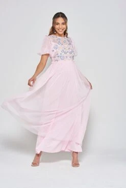 Laraline Blush Puff Sleeve Maxi Dress With Floral Embroidery -Frock And Frill US Laraline Blush Floral Maxi Dress 6