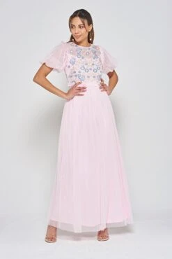 Laraline Blush Puff Sleeve Maxi Dress With Floral Embroidery