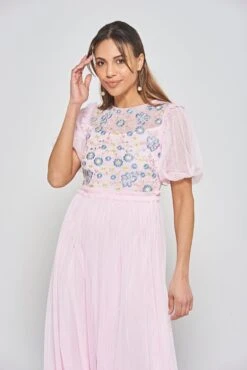 Laraline Blush Puff Sleeve Maxi Dress With Floral Embroidery -Frock And Frill US Laraline Blush Floral Maxi Dress 8