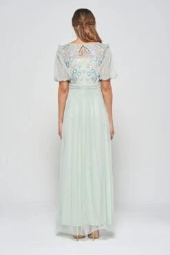 Laraline Green Puff Sleeve Maxi Dress With Floral Embroidery -Frock And Frill US Laraline Green Floral Maxi Dress 1