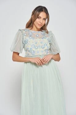 Laraline Green Puff Sleeve Maxi Dress With Floral Embroidery -Frock And Frill US Laraline Green Floral Maxi Dress 10