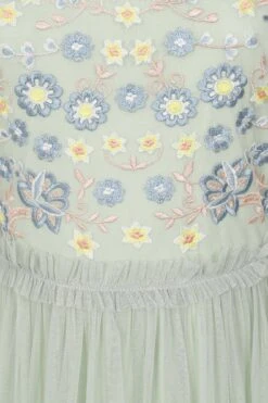 Laraline Green Puff Sleeve Maxi Dress With Floral Embroidery -Frock And Frill US Laraline Green Floral Maxi Dress 3