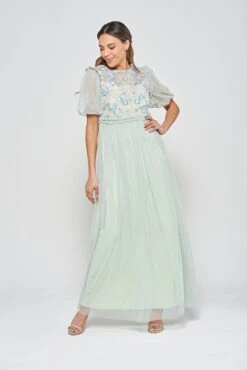 Laraline Green Puff Sleeve Maxi Dress With Floral Embroidery -Frock And Frill US Laraline Green Floral Maxi Dress 6