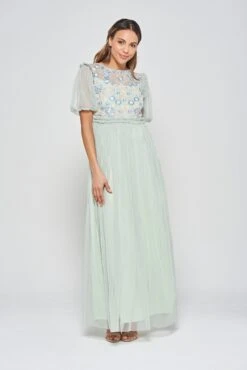 Laraline Green Puff Sleeve Maxi Dress With Floral Embroidery -Frock And Frill US Laraline Green Floral Maxi Dress 7