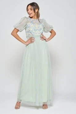 Laraline Green Puff Sleeve Maxi Dress With Floral Embroidery -Frock And Frill US Laraline Green Floral Maxi Dress 9