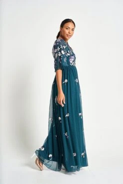 Laurel Teal Floral Embroidered Maxi Dress -Frock And Frill US Laurel Teal Floral Embroidered Maxi Dress 3
