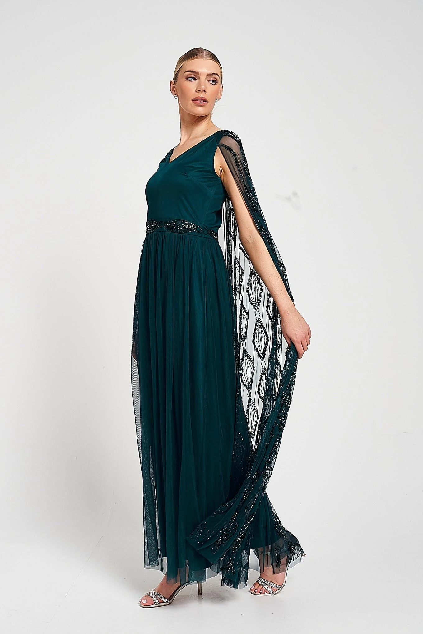 Mae Teal Green Embellished Cape Sleeve Maxi Dress - Image 7