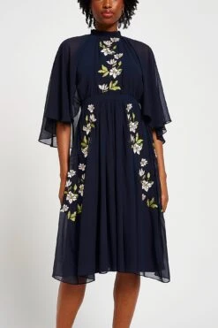 Maeve Navy Floral Embroidered Midi Dress -Frock And Frill US Maeve Navy Floral Embroidered Dress 1
