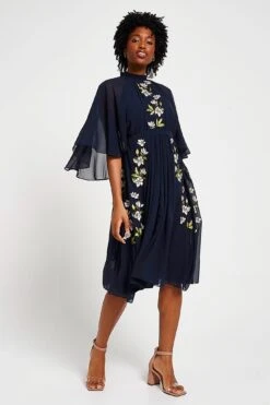 Maeve Navy Floral Embroidered Midi Dress