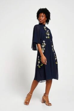 Maeve Navy Floral Embroidered Midi Dress -Frock And Frill US Maeve Navy Floral Embroidered Dress 5