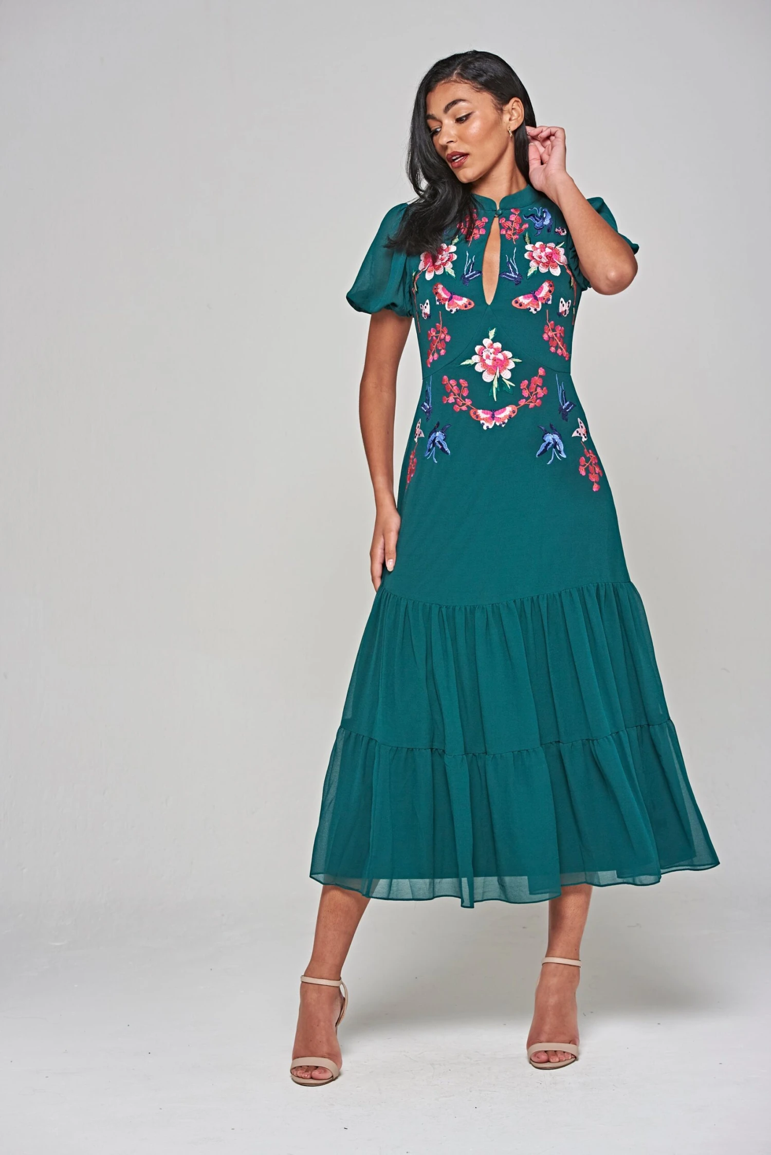 Marella Alpine Green Floral Embroidered Midi Dress 3 Marella Alpine Green Floral Embroidered Midi Dress - Image 3