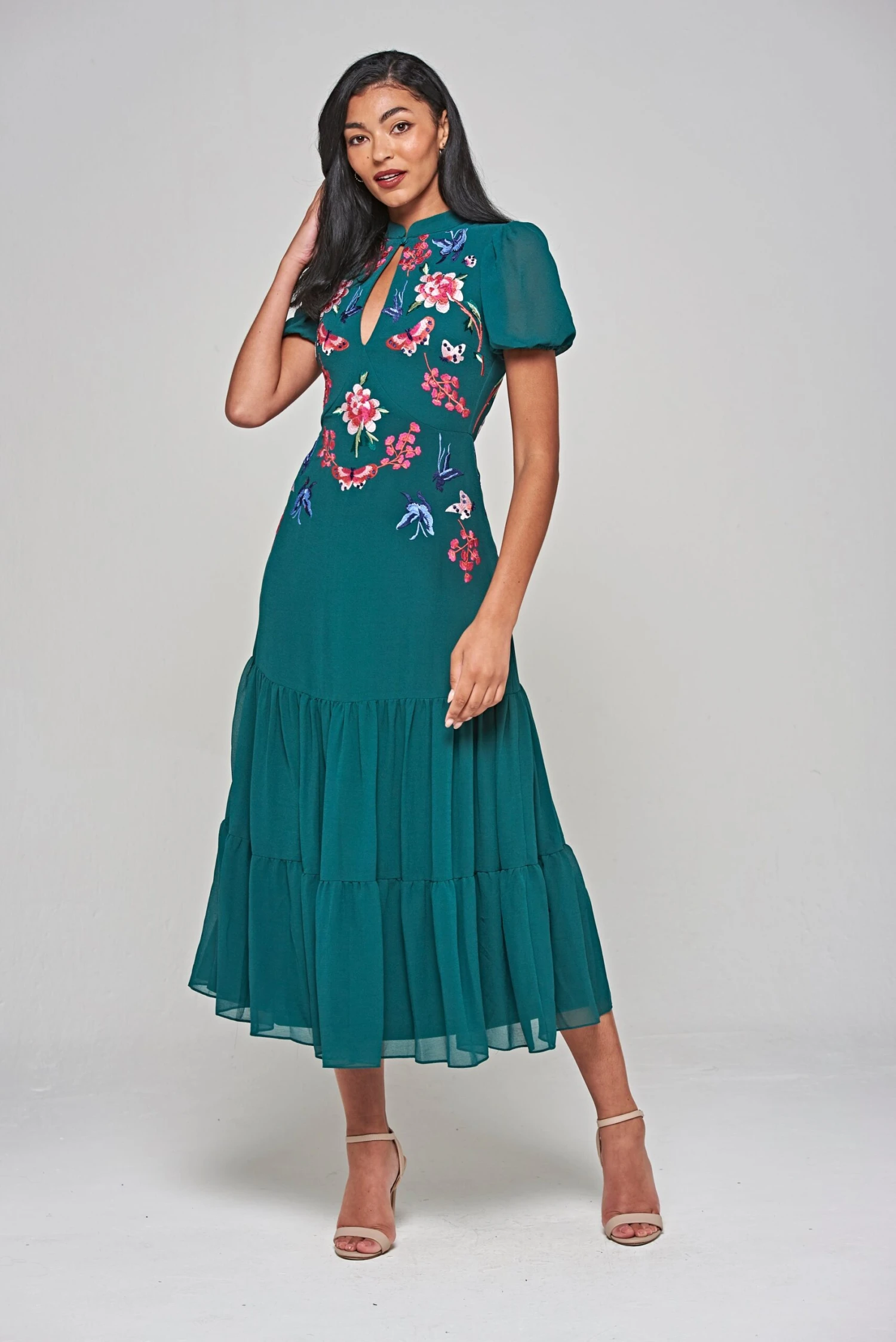 Marella Alpine Green Floral Embroidered Midi Dress 4 Marella Alpine Green Floral Embroidered Midi Dress - Image 4