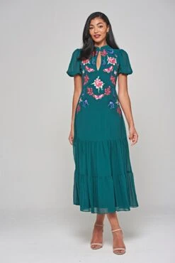 Marella Alpine Green Floral Embroidered Midi Dress