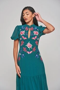Marella Alpine Green Floral Embroidered Midi Dress 14 Marella Alpine Green Floral Embroidered Midi Dress -Frock And Frill US Marella Green Floral Embroidered Midi Dress 7